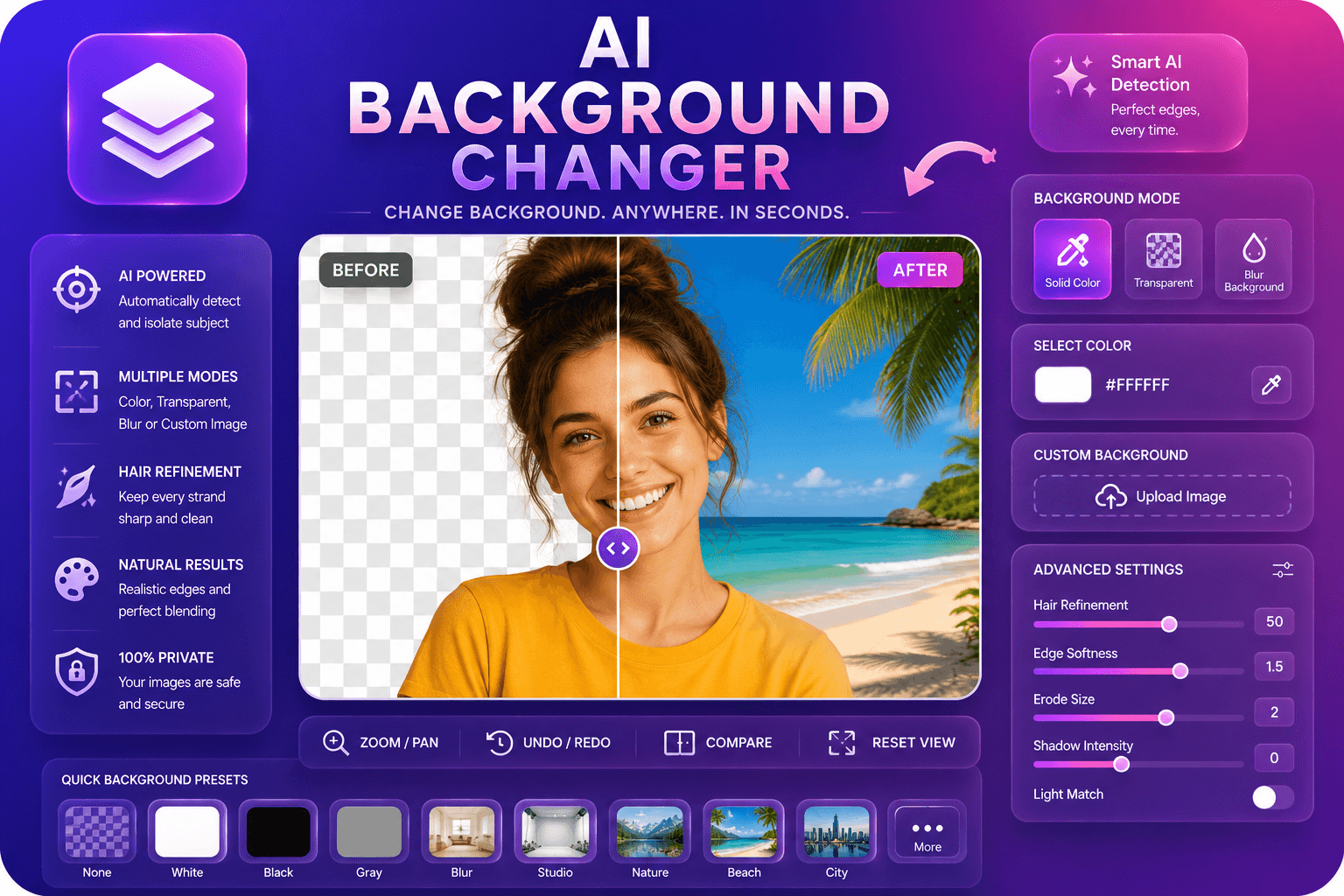 Background replacement with new color backdrop preview