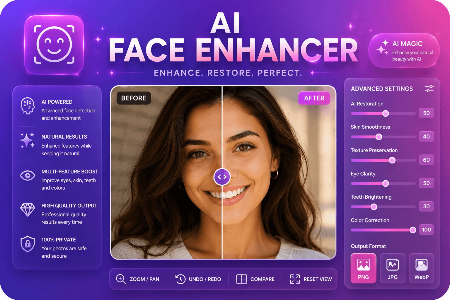 Portrait face enhancement before and after preview