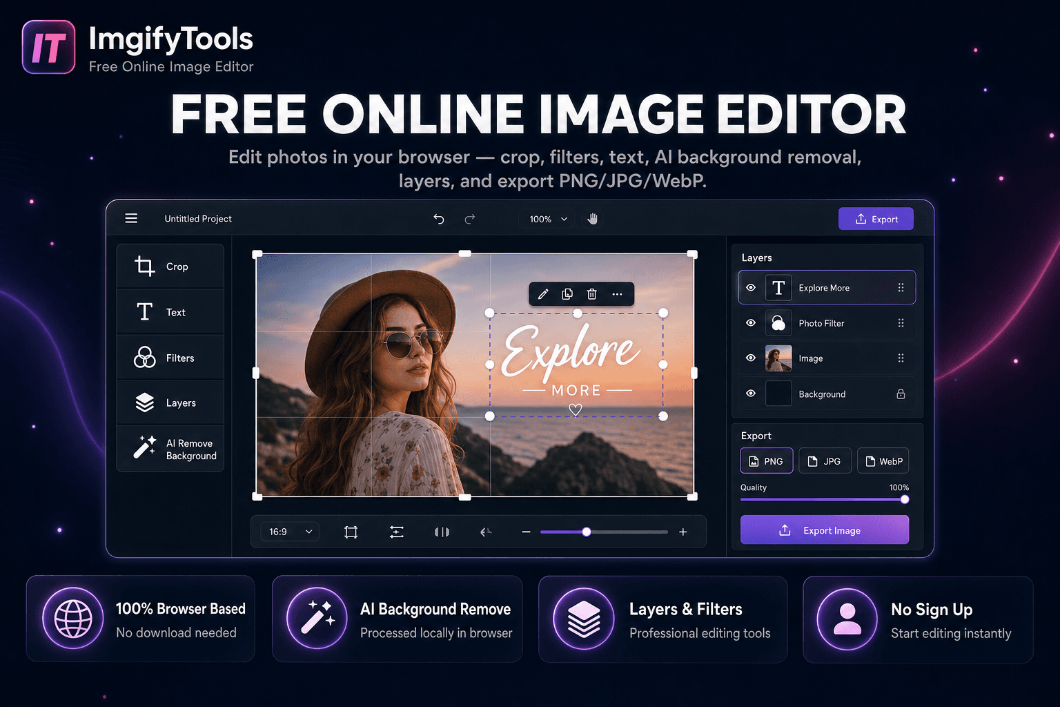 Browser image editor with a canvas, tool rail, layers, and export controls