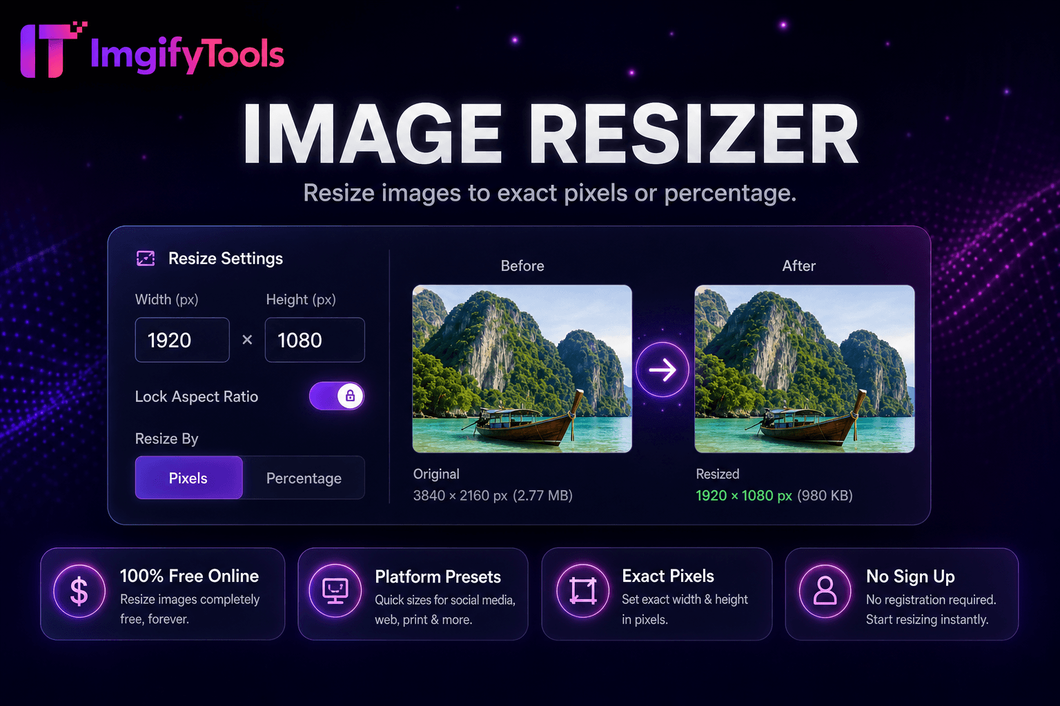 Image resizer tool showing pixel and percentage input fields