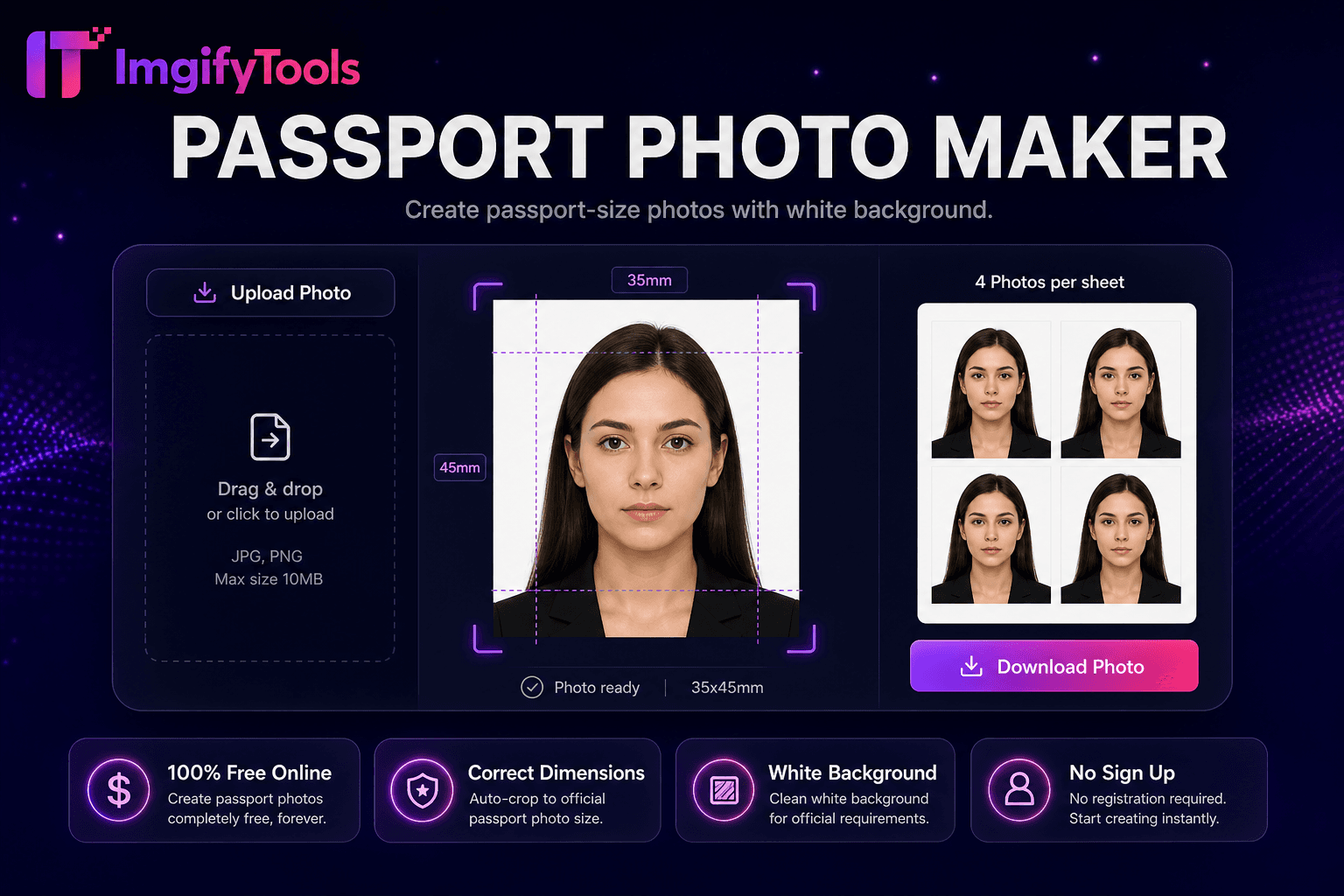 Passport photo maker tool showing auto-cropped 2x2 inch photo with white background